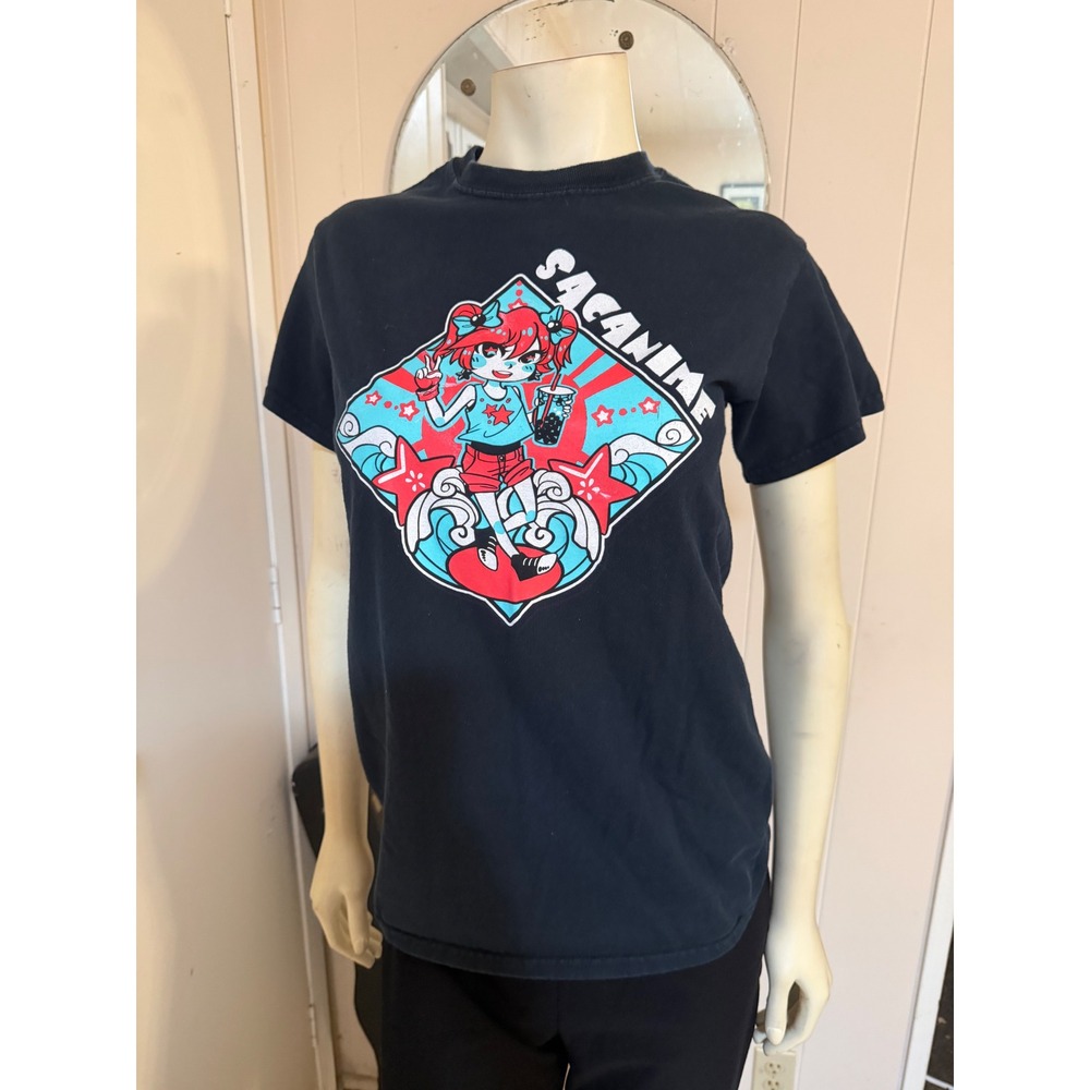 SacAnime Convention Graphic T-Shirt Black Anime Girl Boba Tea Gildan unisex S